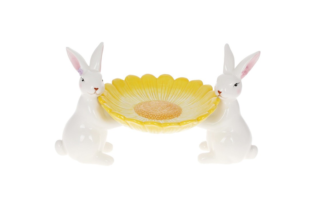 Platou decorativ din ceramică, Iepurași cu floarea soarelui, 25,5cm Platou decorativ din ceramică, Iepurași cu floarea soarelui, 25,5cm