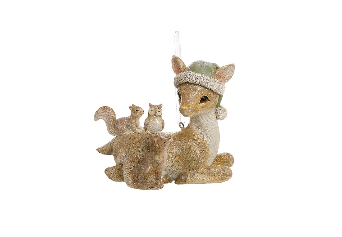 Jucărie de brad, Cerb cu prietenii de pădure, 9,5cm Jucărie de brad, Cerb cu prietenii de pădure, 9,5cm