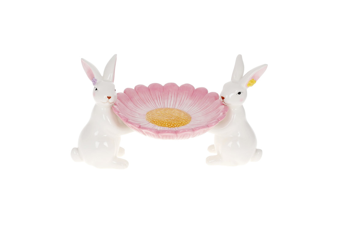 Platou decorativ din ceramică, Iepurași cu floarea, 25,5cm Platou decorativ din ceramică, Iepurași cu floarea, 25,5cm
